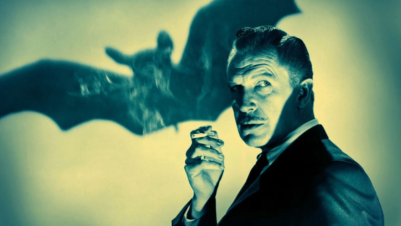 Vincent Price next to a bat silhouette